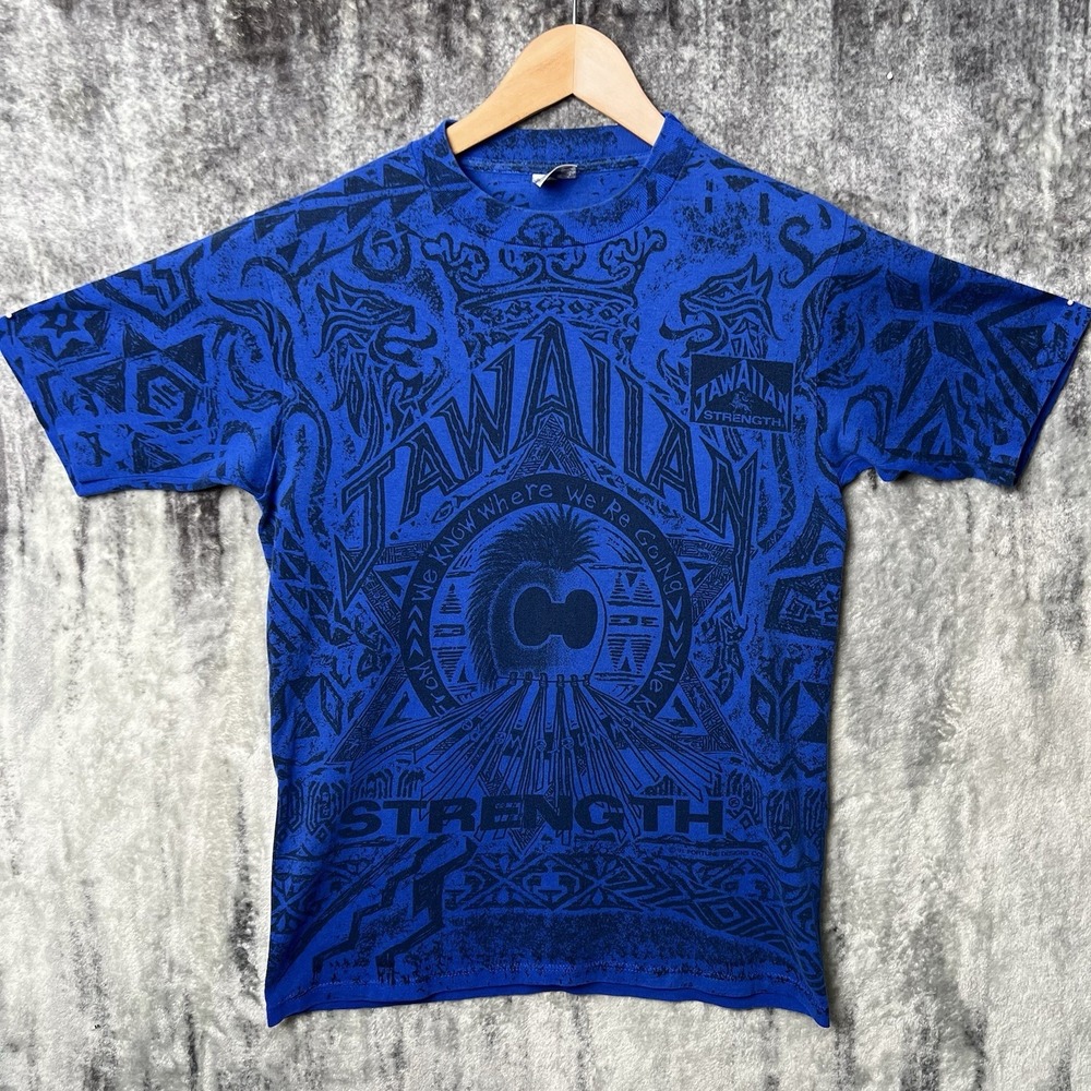 Vintage 90s Jawaiian Strength Ali'i All Over Print Size Large AOP Blue Shirt